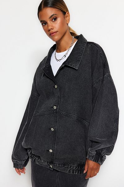 Trendyol Collection Black Stitching Detailed Oversize Bomber Denim Jacket TWOAW24CE00063