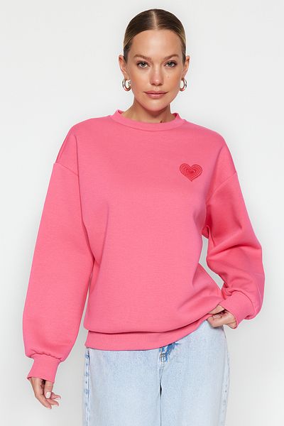 Trendyol Collection Růžová tlustá fleecová mikina na hrudi a zádech s embosovaným potiskem oversize pletená mikina TWOAW24SW00226