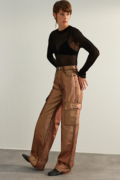 Trendyol Collection Limited Edition Bronze Wide Leg Glossy Printed Jeans TPRAW24JE00001
