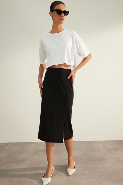 Trendyol Collection Fekete prémium minőségű gombos ceruza Midi szőtt szoknya TWOAW24ET00194