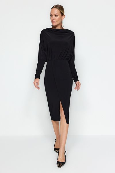 Trendyol Collection Černá lopatka s výstřihem A-Line/A-Line Forma Midi Flexibilní pletené šaty TWOAW24EL00822