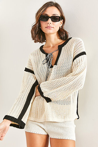 Bianco Lucci Women's Openwork Collar Tied Knitwear Sweater