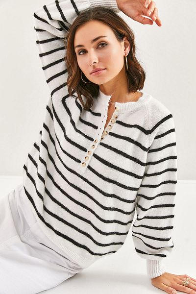 Bianco Lucci Gestreifter Strickpullover mit Rollkragen und geknöpftem Kragen für Damen