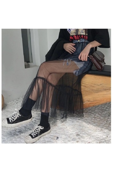 NSMLİFE Black Single Layer See-Through Maxi Skirt - Multipurpose Tulle Bikini Swimsuit Beach Skirt