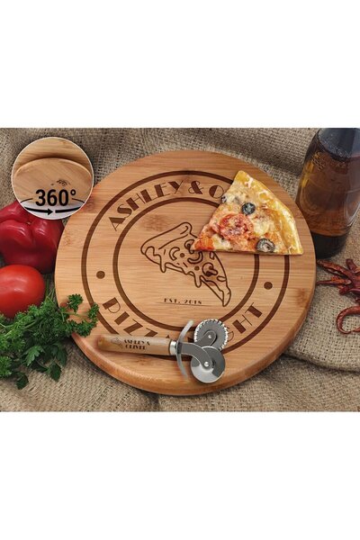 Bk Gift Kişiye Özel İsimli Bambu Ahşap Döner Tablalı Pizza Tahtası-5, Pizza K...