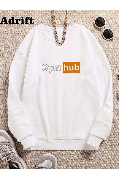 Adrift Gym Hub Πολύχρωμο Oversize Crew Neck Βαμβακερό φούτερ Λευκό