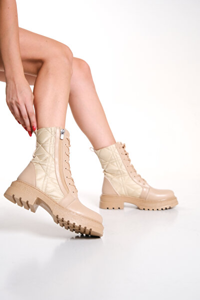 ZİESCE Γυναικείες μπότες με λεπτομέρειες από ύφασμα αλεξίπτωτου, με φερμουάρ στο πλάι και κορδόνια