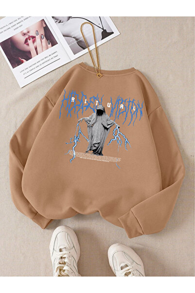 Adrift Hanorac din bumbac cu decolteu oversize de culoare albastru ritual Bej