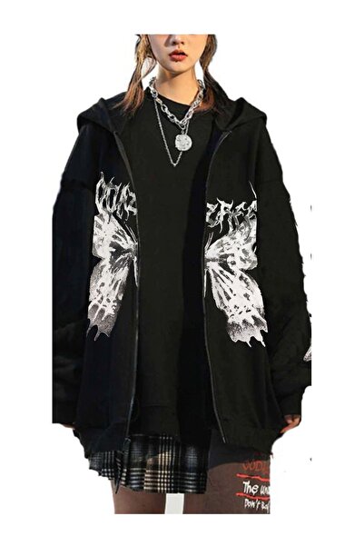DEEFWEAR Chouze  Harajuku Butterfly Kelebek Baskılı Oversize Fermuarlı Siyah Unisex Kapüşonlu Hırka