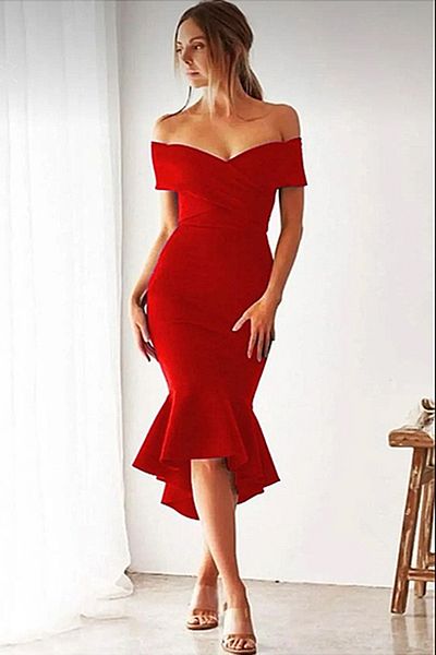 NKTCOLLECTİON Women's RED Cross Collar Hem Flounced Zipper Elegant Dress Engagement Dress Evening Dress
