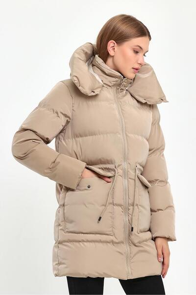MÜREVVA Women's Cream Fluffy Collar Hooded Puffer Coat&Coat