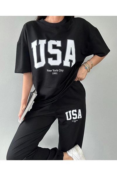 MAD COLLECTİON T-shirt Sweatpants Jogger- Black USA με στάμπα πάνω και κάτω σετ Oversize Crew Neck