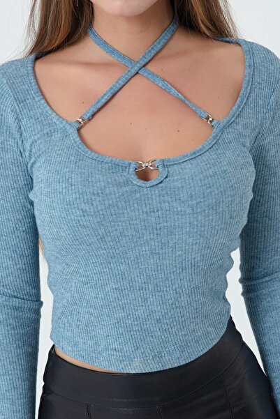Lafaba Kadın Mavi Metal Aksesuarlı Örme Crop