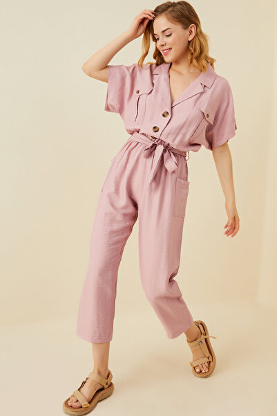 soBasic Powder Belted Jumpsuit with Elastic Waist and Pocket Detail