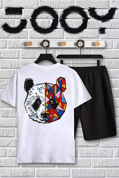 Jooy Company Λευκό Tokyo Panda εμπριμέ μπλουζάκι Oversize και χτενισμένο βαμβακερό σορτς