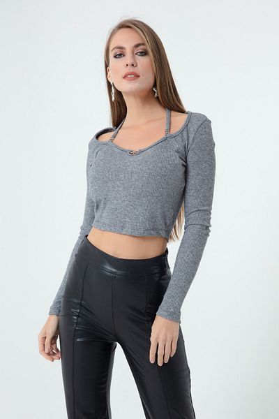 Lafaba Women's Gray Knitted Crop with Metal Accessories