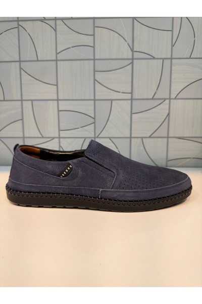 Anıl Ayakkabı Castle Black 772 Синій нубук Чоловічі ортопедичні перфоровані повсякденні черевики з натуральної шкіри