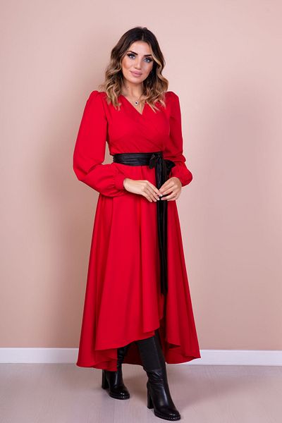 NO48 Red Asymmetric Cut Black Faux Belt Accessory Long Sleeve Double Breasted Pattern Dress