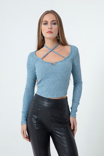 Lafaba Women's Blue Knitted Crop with Metal Accessories