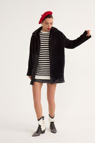 Sateen Leopard Lined Plush Coat - Black