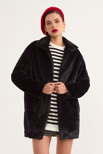 Sateen Leopard Lined Plush Coat - Black