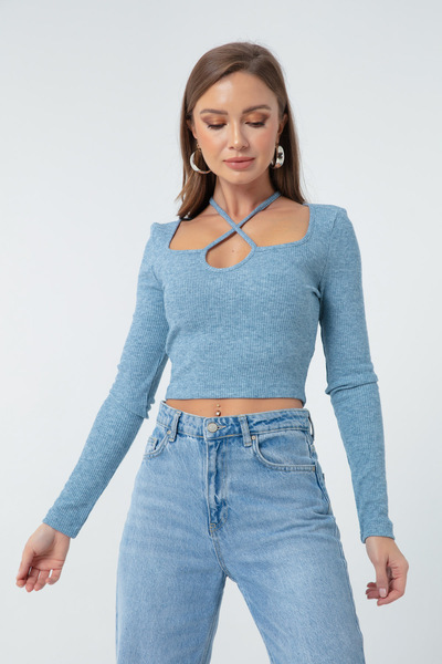 Lafaba Γυναικείο Μπλε μακρυμάνικο πλεκτό Crop