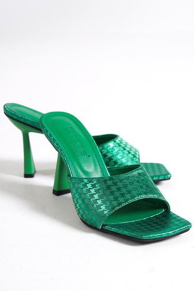 Capone Outfitters Γυναικείες παντόφλες Capone Blunt Toe με μονό λουρί Houndstooth με μοτίβο ψηλοτάκουνο σατέν πράσινο
