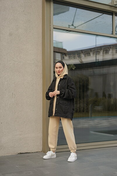 RamosWB Γυναικείο τζιν μπουφάν με oversized τσέπες με κουμπιά που κλείνει με γιακά πουκάμισο με μπαλόνι μανίκια