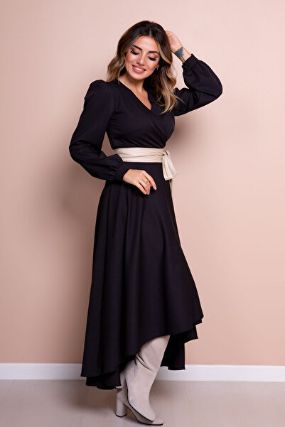 NO48 Rochie neagră cu mânecă lungă, cu croială asimetrică, crem, cu accesorii pentru centură artificială