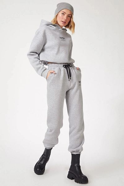 hazelin Women's Gray Nasa Printed Hooded Fleece Crop Top with Drawstring Tracksuit HZL23W-BD1553131