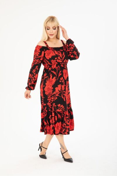 mezura tekstil PLUS SIZE BELOW KNEE LONG SLEEVE MADONNA COLLAR SKIRT Ruffle STYLISH VISCOSE COMBED DRESS