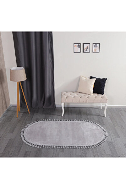 LİNOS HOME Açık Gri Fluffy Düğüm Saçaklı Oval Post Peluş Halı Antibakteriyel ...