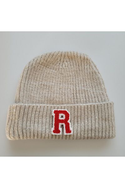 initialess Mohair Folded Knitted Stone Wool Beret with Letter R