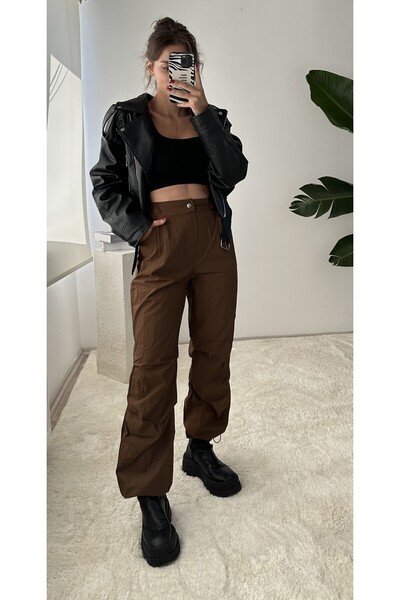 NET OF NOT Kahverengi Ayarlanabilir Bel Paraşüt Kumaş Pantolon