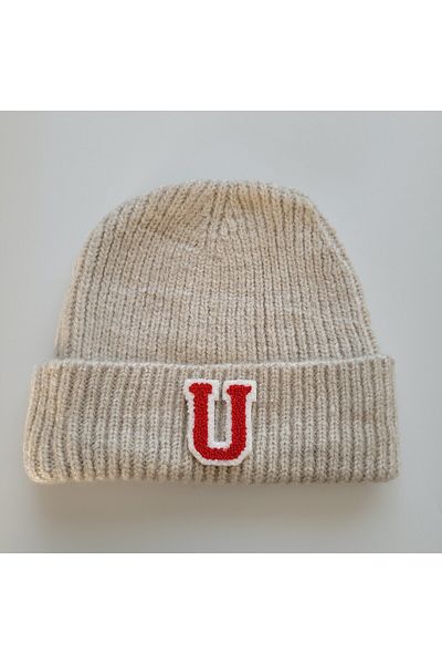initialess Mohair Folded Knitted Stone Wool Beret with Letter U