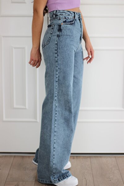 LİMABEL Kadın Yüksek Bel Jeans Açık Mavi Palazzo Likralı Kot Pantolon