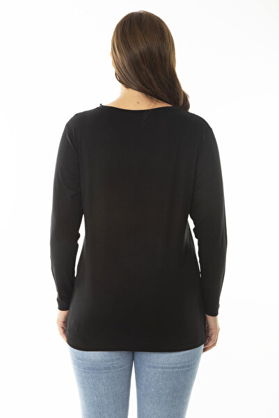 Şans Kadın Büyük Beden Siyah Yakası Dantel Detaylı Uzun Kollu Bluz 65N36866