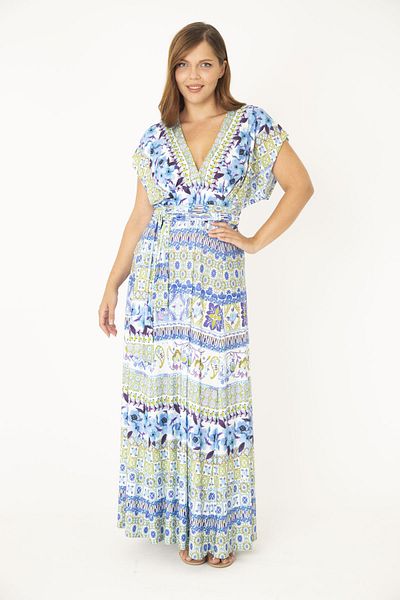 Şans Women's Large Size Blue V-Neck Belted Long Dress 65N36879