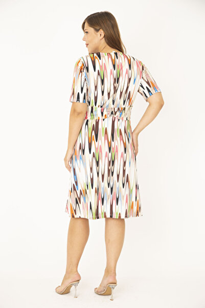 Şans Women's Large Size Colorful Wrap Collar Belted Waist Dress 65N36880