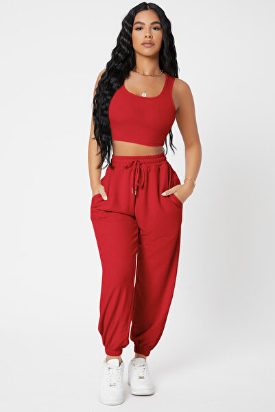 Imoda Kadın Kırmızı Kaşkorse Cepli Jogger Eşofman Altı ve Crop Top Bluz
