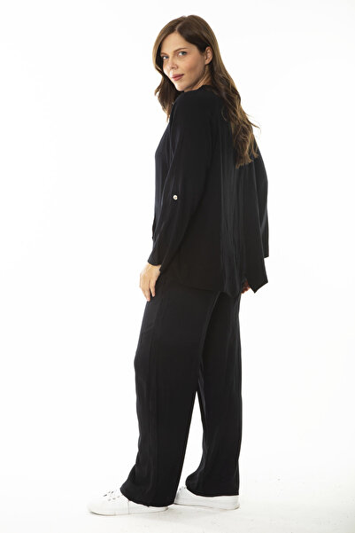 Şans Women's Large Size Black Front Zipper Adjustable Sleeve Length Cardigan Trousers Double Suit 65N36873