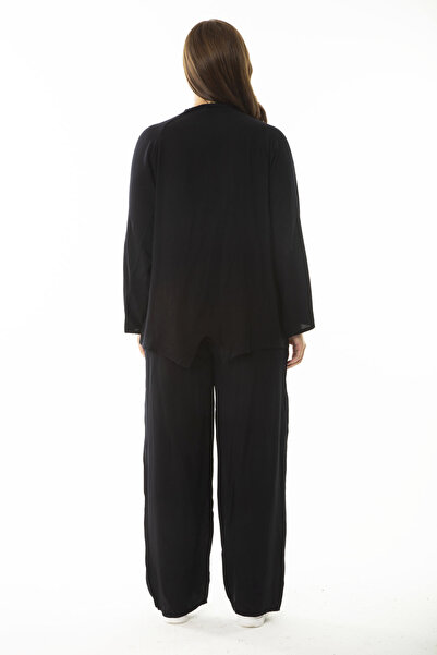 Şans Women's Large Size Black Front Zipper Adjustable Sleeve Length Cardigan Trousers Double Suit 65N36873