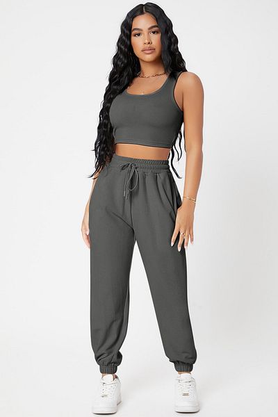Imoda Dámská antracitově šedá košilka s kapsami Jogger tepláky a Crop Top halenka