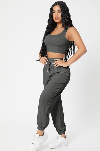 Imoda Kadın Antrasit Gri Kaşkorse Cepli Jogger Eşofman Altı ve Crop Top Bluz