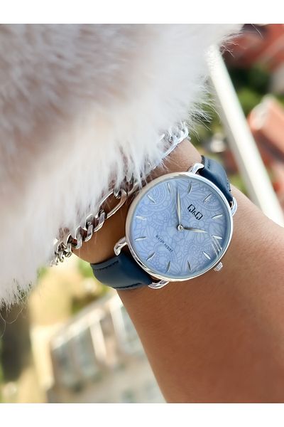 Q&Q Brand Retro Navy Blue Color, 24 Months Warranty, Waterproof, Leather Strap Women's Wristwatch+Bracelet