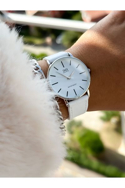 Q&Q Retro White Color Waterproof, Leather Strap Women's Wristwatch+Bracelet
