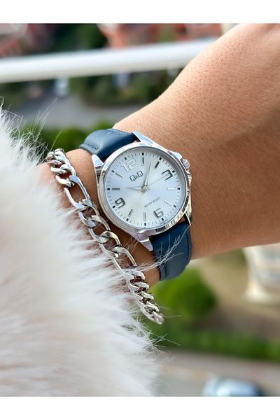 Q&Q Dark Blue, 24 Months Warranty, Waterproof, Leather Strap with Numbers, Women's Wristwatch+Bracelet
