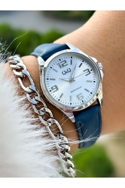 Q&Q Dark Blue, 24 Months Warranty, Waterproof, Leather Strap with Numbers, Women's Wristwatch+Bracelet