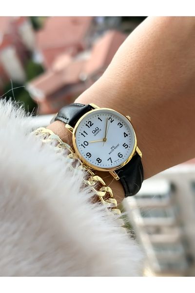 Q&Q Brand Retro Black Color, 24 Months Warranty, Waterproof, Leather Strap with Numbers Women's Wristwatch+Bracelet