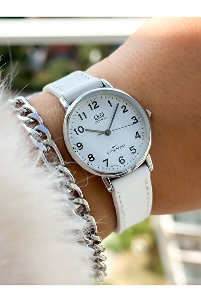 Q&Q Brand Retro White Color, 24 Months Warranty, Waterproof, Leather Strap with Numbers Women's Wristwatch+Bracelet